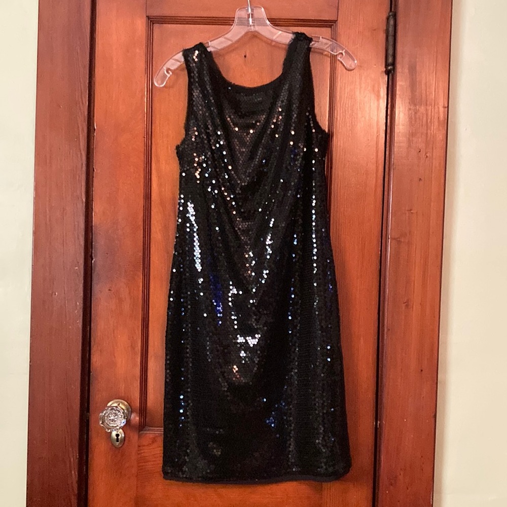 Women’s black sequence party dress with a slouch back